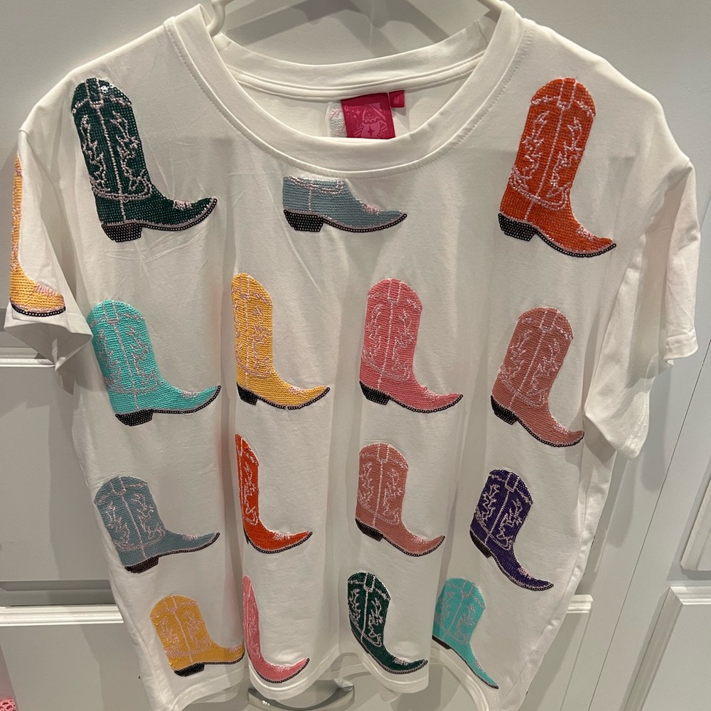 Queen of Sparkles White Multi Cowboy Boot Tee